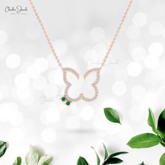 Round Cut Dainty Necklace with 0.06 Ct Emerald And Diamond 14k Real Gold Butterfly Necklace