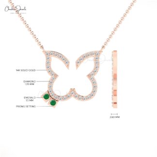 Round Cut Dainty Necklace with 0.06 Ct Emerald And Diamond 14k Real Gold Butterfly Necklace