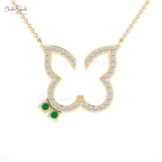 Round Cut Dainty Necklace with 0.06 Ct Emerald And Diamond 14k Real Gold Butterfly Necklace