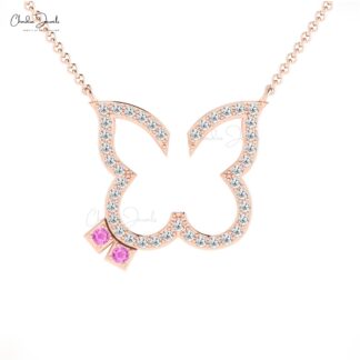 Diamond Papillon Necklace In 14k Solid Gold Pink Sapphire 1.5mm Gemstone Women Necklace