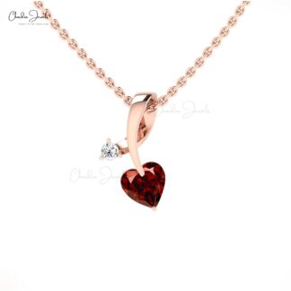 Dual Birthstone Pendant In Real 14k Gold Red Garnet 5mm Heart Cut & G-H Diamond Pendants