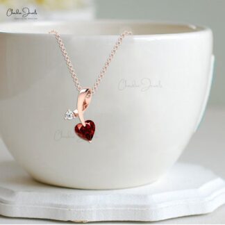 Dual Birthstone Pendant In Real 14k Gold Red Garnet 5mm Heart Cut & G-H Diamond Pendants