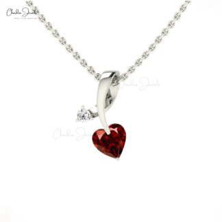 Dual Birthstone Pendant In Real 14k Gold Red Garnet 5mm Heart Cut & G-H Diamond Pendants
