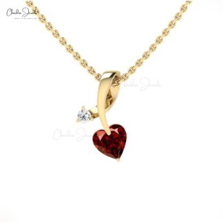 Dual Birthstone Pendant In Real 14k Gold Red Garnet 5mm Heart Cut & G-H Diamond Pendants