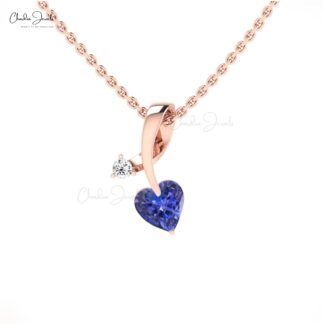 Heart Cut Curved Pendant In 14k Real Gold Tanzanite 5mm Gemstone And Diamond Necklace