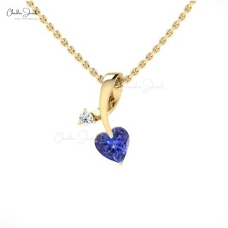 Heart Cut Curved Pendant In 14k Real Gold Tanzanite 5mm Gemstone And Diamond Necklace