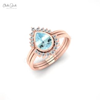 Teardrop Halo Stack Band In 14k Pure Gold Aquamarine 0.72 Ct Gemstone And Diamond Ring