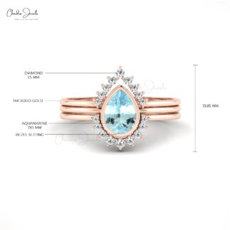 Teardrop Halo Stack Band In 14k Pure Gold Aquamarine 0.72 Ct Gemstone And Diamond Ring
