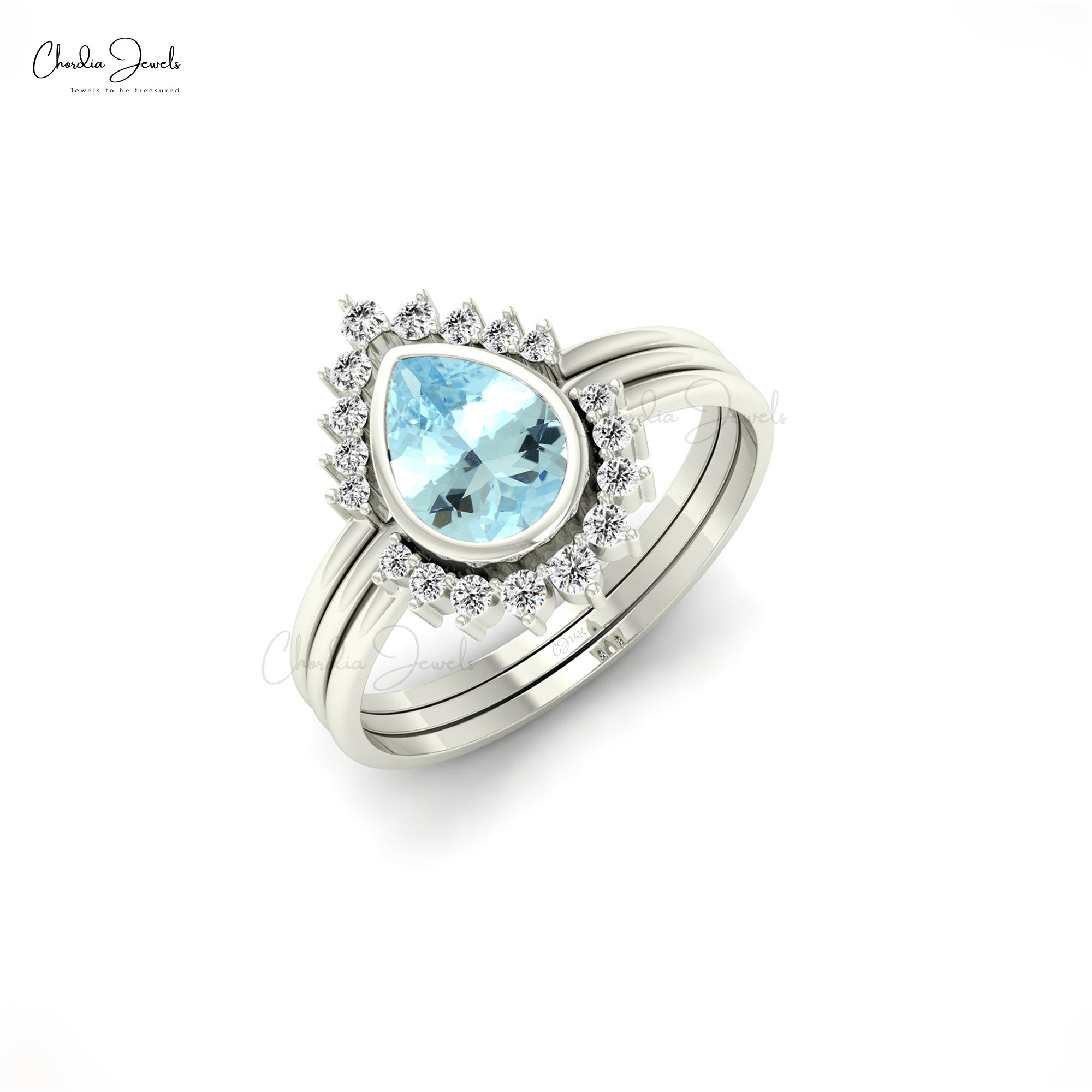 Teardrop Halo Stack Band In 14k Pure Gold Aquamarine 0.72 Ct Gemstone And Diamond Ring