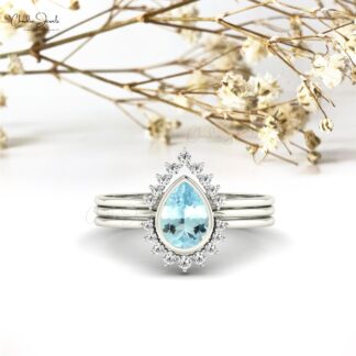 Teardrop Halo Stack Band In 14k Pure Gold Aquamarine 0.72 Ct Gemstone And Diamond Ring