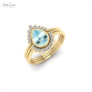 Teardrop Halo Stack Band In 14k Pure Gold Aquamarine 0.72 Ct Gemstone And Diamond Ring