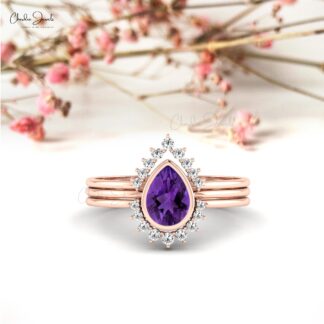 Real 14k Gold Triple Stackable Band With 7x5mm Amethyst And Diamond Halo Bridal Rings