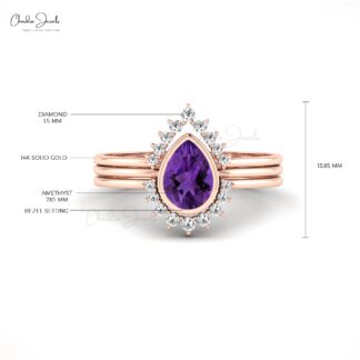 Real 14k Gold Triple Stackable Band With 7x5mm Amethyst And Diamond Halo Bridal Rings