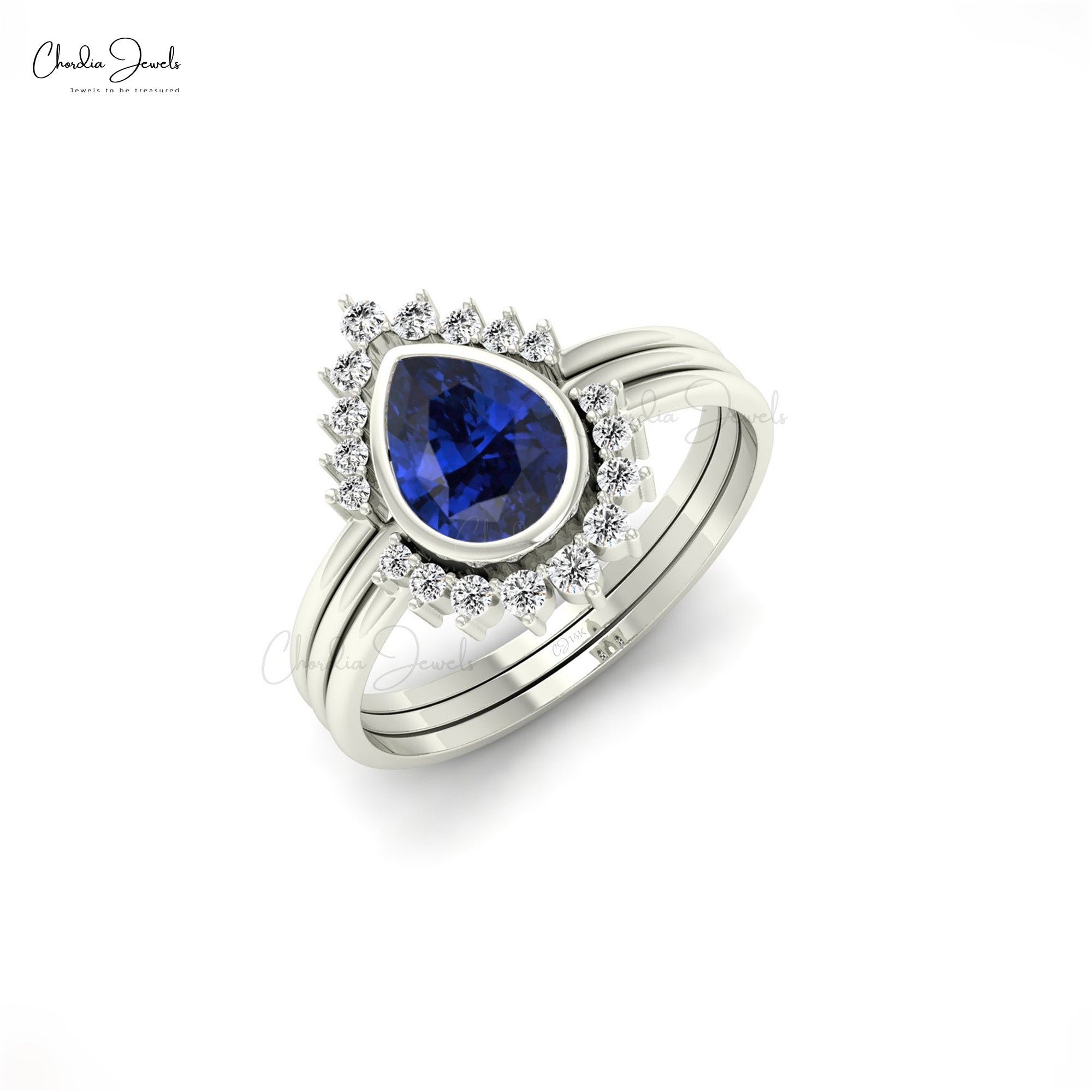Bezel Set Stackable Ring In 14k Pure Gold Blue Sapphire And G-H Diamond Halo Rings For Her