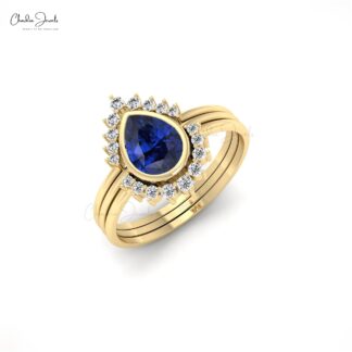 Bezel Set Stackable Ring In 14k Pure Gold Blue Sapphire And G-H Diamond Halo Rings For Her