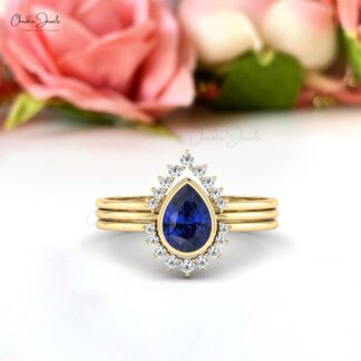 Bezel Set Stackable Ring In 14k Pure Gold Blue Sapphire And G-H Diamond Halo Rings For Her