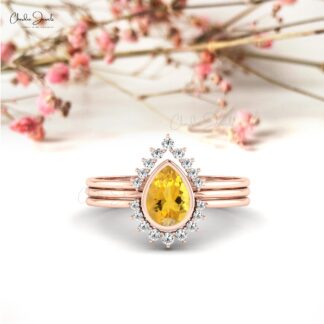 Stackable Three Band With 0.63 Ct Citrine And Halo Diamond Accents In 14k Solid Gold Ring