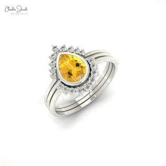 Stackable Three Band With 0.63 Ct Citrine And Halo Diamond Accents In 14k Solid Gold Ring