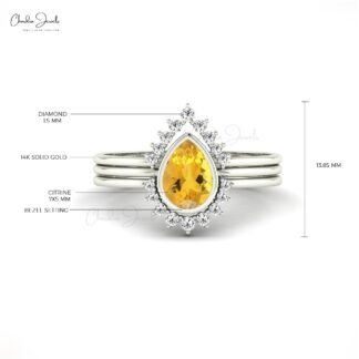 Stackable Three Band With 0.63 Ct Citrine And Halo Diamond Accents In 14k Solid Gold Ring