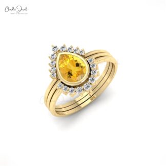 Stackable Three Band With 0.63 Ct Citrine And Halo Diamond Accents In 14k Solid Gold Ring