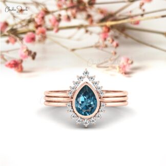 Natural London Blue Topaz Stackable Ring In 14k Real Gold Diamond Halo Wedding Rings