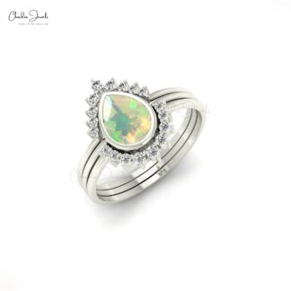 Pear Shape Opal Stacking Ring In 14k Real Gold Diamond And Gemstone Fine Jewelry