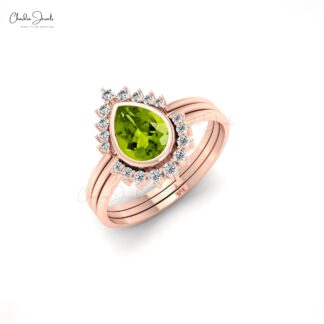 Solid 14k Gold Stackable Band With 7x5mm Peridot August Birthstone And Diamond Rings