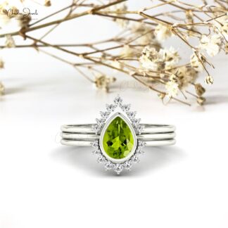 Solid 14k Gold Stackable Band With 7x5mm Peridot August Birthstone And Diamond Rings