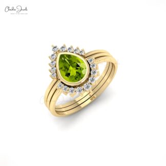 Solid 14k Gold Stackable Band With 7x5mm Peridot August Birthstone And Diamond Rings