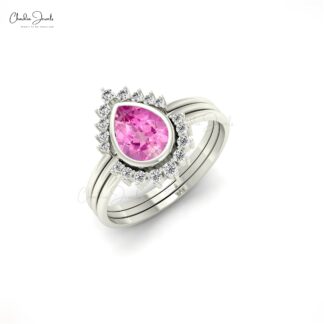 Halo Style Stacking Ring With 7x5mm Pink Sapphire Diamond Wedding Rings In 14k Real Gold