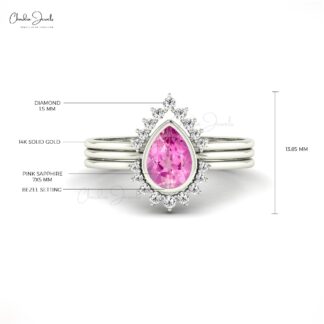 Halo Style Stacking Ring With 7x5mm Pink Sapphire Diamond Wedding Rings In 14k Real Gold