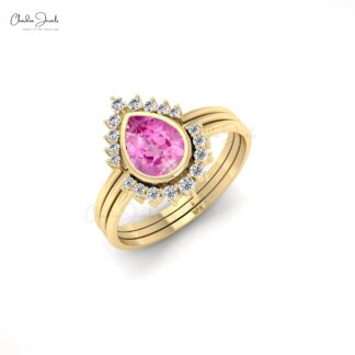Halo Style Stacking Ring With 7x5mm Pink Sapphire Diamond Wedding Rings In 14k Real Gold