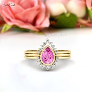 Halo Style Stacking Ring With 7x5mm Pink Sapphire Diamond Wedding Rings In 14k Real Gold