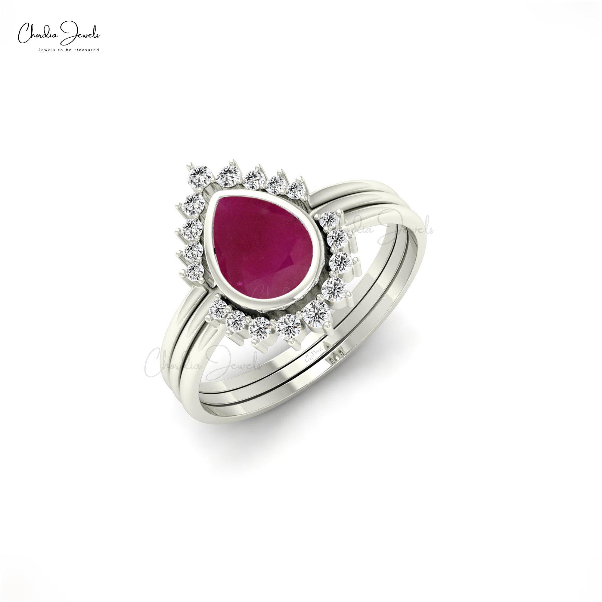 Pear Cut Stackable Halo Ring In 14k Real Gold Ruby 0.72 Ct Gemstone And Diamond Ring