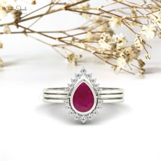 Pear Cut Stackable Halo Ring In 14k Real Gold Ruby 0.72 Ct Gemstone And Diamond Ring