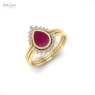 Pear Cut Stackable Halo Ring In 14k Real Gold Ruby 0.72 Ct Gemstone And Diamond Ring