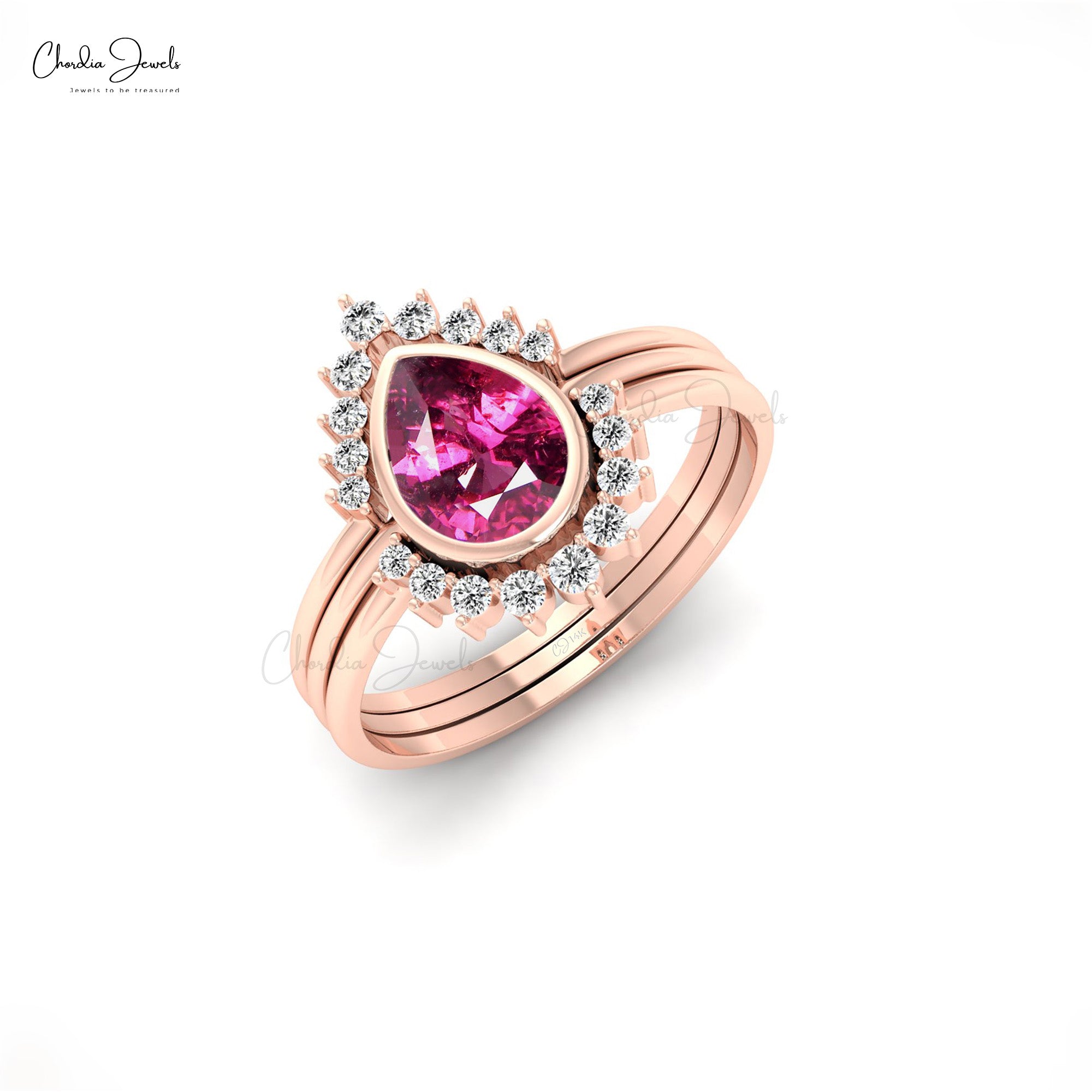 Bezel Set Stack Band In 14k Pure Gold Rhodolite Garnet And Halo Diamond Light Weight Ring