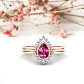 Bezel Set Stack Band In 14k Pure Gold Rhodolite Garnet And Halo Diamond Light Weight Ring