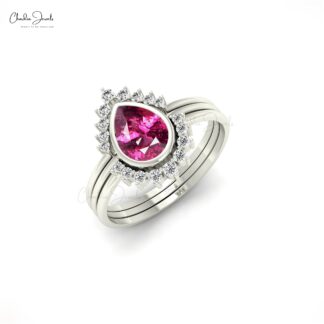 Bezel Set Stack Band In 14k Pure Gold Rhodolite Garnet And Halo Diamond Light Weight Ring