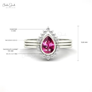 Bezel Set Stack Band In 14k Pure Gold Rhodolite Garnet And Halo Diamond Light Weight Ring