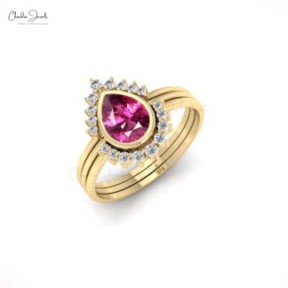 Bezel Set Stack Band In 14k Pure Gold Rhodolite Garnet And Halo Diamond Light Weight Ring