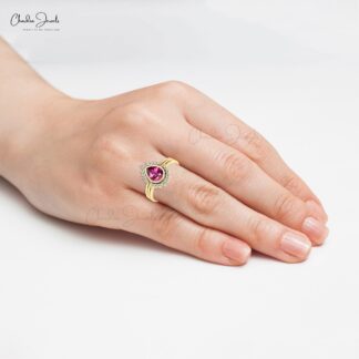 Bezel Set Stack Band In 14k Pure Gold Rhodolite Garnet And Halo Diamond Light Weight Ring