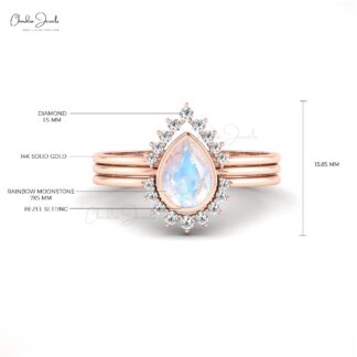 Halo Diamond Style Stacking Band With 7x5mm Moonstone Engagement Ring In 14k Real Gold