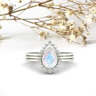 Halo Diamond Style Stacking Band With 7x5mm Moonstone Engagement Ring In 14k Real Gold