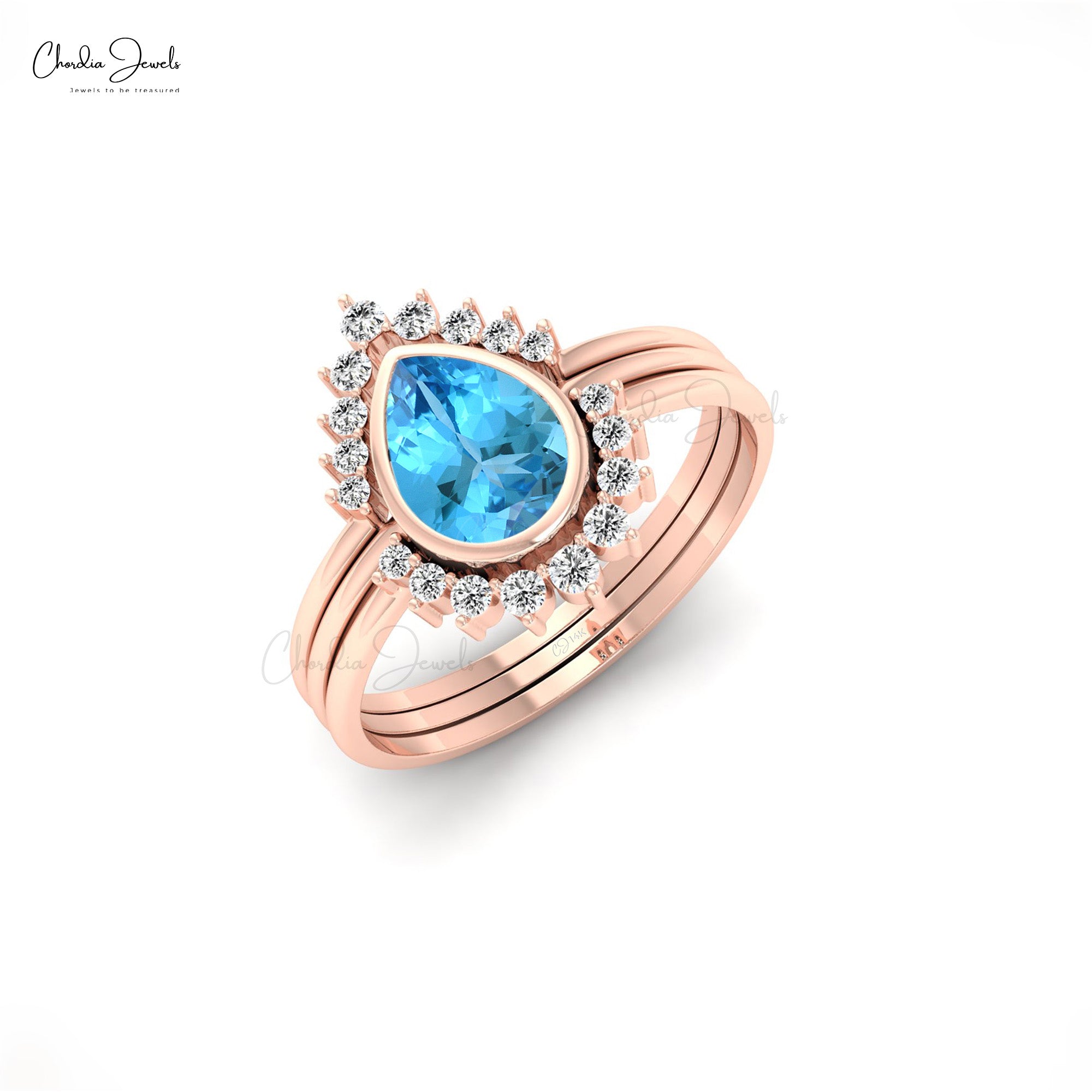 Stackable Halo Ring With 0.63 Ct Swiss Blue Topaz And Diamond Ring In 14k Real Gold