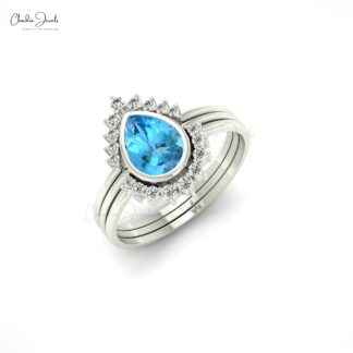 Stackable Halo Ring With 0.63 Ct Swiss Blue Topaz And Diamond Ring In 14k Real Gold