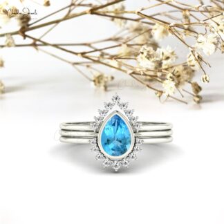 Stackable Halo Ring With 0.63 Ct Swiss Blue Topaz And Diamond Ring In 14k Real Gold