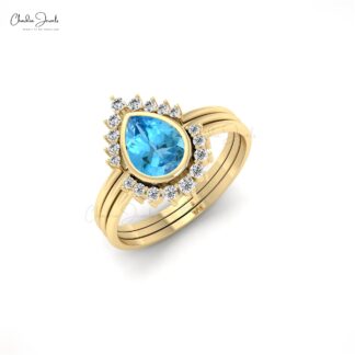 Stackable Halo Ring With 0.63 Ct Swiss Blue Topaz And Diamond Ring In 14k Real Gold