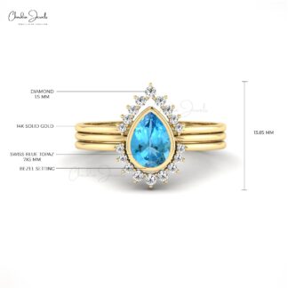 Stackable Halo Ring With 0.63 Ct Swiss Blue Topaz And Diamond Ring In 14k Real Gold