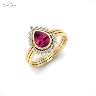 AAA Pink Tourmaline Diamond Stackable Ring With 7x5mm Gemstone 14k Real Gold Jewelry